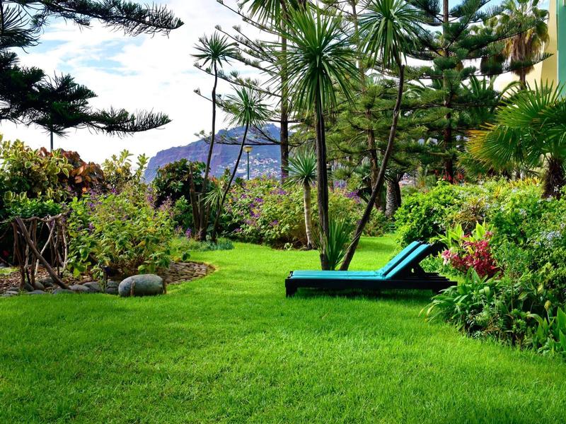 Giardino verde con sedia a sdraio e varie siepi sotto cielo nuvoloso.