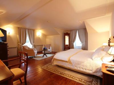 Camera d'hotel luminosa con letto matrimoniale, poltrone, TV e pavimento in legno sotto soffitto inclinato.