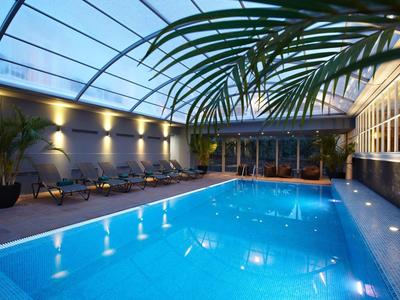 Piscina coperta riscaldata con tetto in vetro e piante in un ambiente alberghiero rilassante.