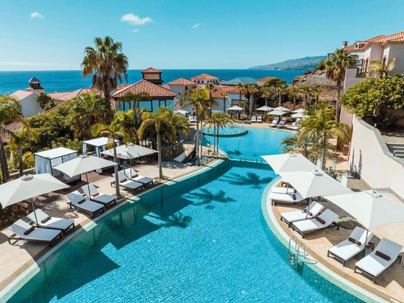 Luxurious pool area with sunbeds, palm trees, and sea view at a resort.