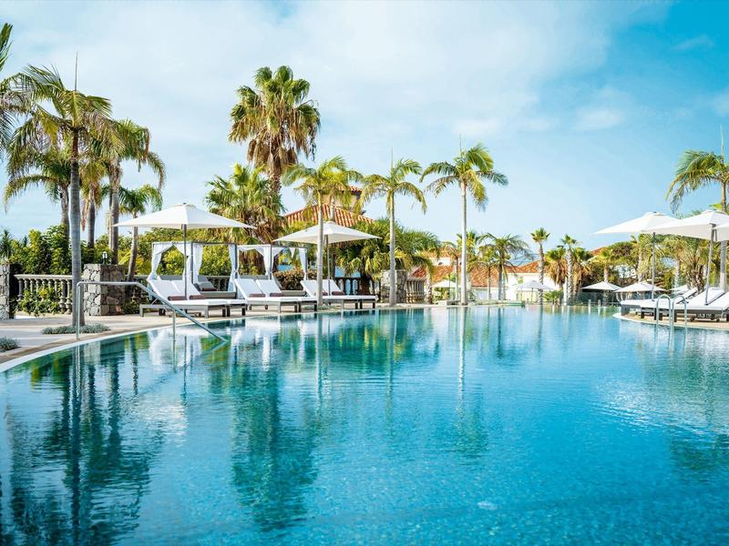 Large outdoor pool with lounge chairs, umbrellas, and palm trees under a blue sky.