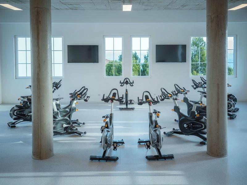 Modern gym with stationary bikes and large windows overlooking greenery.