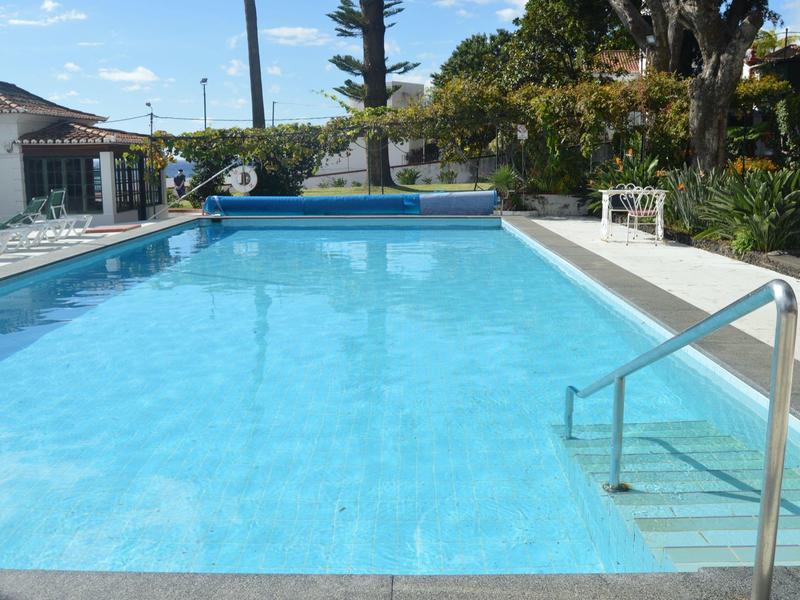 Klare blaue Schwimmbad mit Edelstahlgeländer, umgeben von Bäumen und Gebäuden bei Sonnenschein.