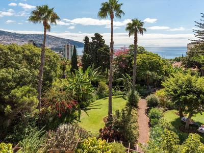 Giardino tropicale con palme e altri alberi, sentiero e vista sul mare e sulle colline sullo sfondo.