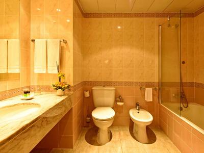 Bagno luminoso con wc, bidet, vasca da bagno e grande specchio sopra il piano.