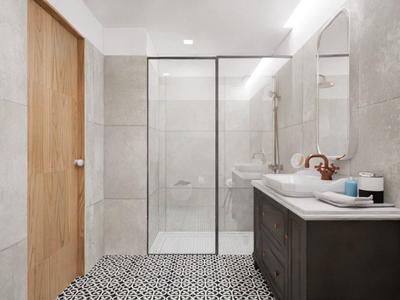 Modernes Badezimmer mit heller Beleuchtung, Duschkabine, Holz- und grauen Oberflächen