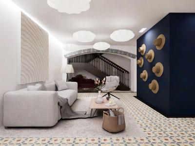 Moderner Wohnbereich mit Sitzmöbeln, Teppich und dekorativer Wandgestaltung in hellem und dunklem Farbschema