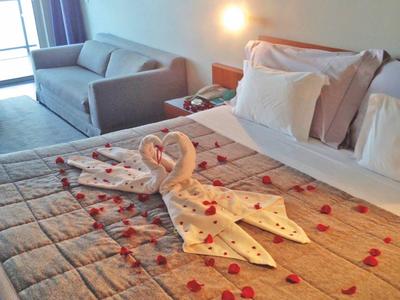 Modernes Hotelzimmer mit Sofa, Doppelbett, Schwanenhandtüchern und roten Blütenblättern.