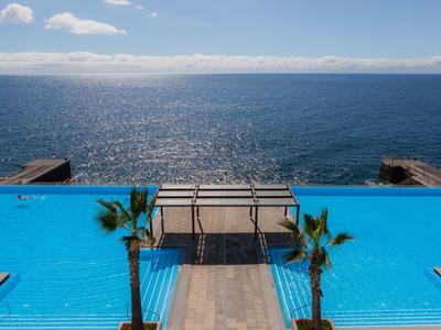 Infinity-Pool mit blauem Wasser, Palmen und offenem Meer im Hintergrund unter blauem Himmel.