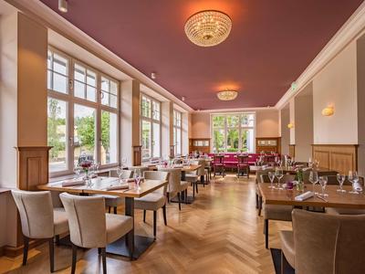 Elegantes Restaurant mit Holzboden, großen Fenstern und gemütlichen Stühlen in warmem Licht.