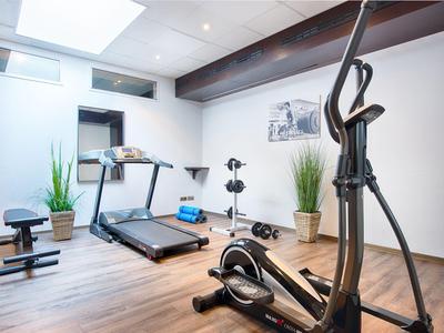 Heller Fitnessraum mit Laufband, Crosstrainer und Gewichten auf Holzboden.