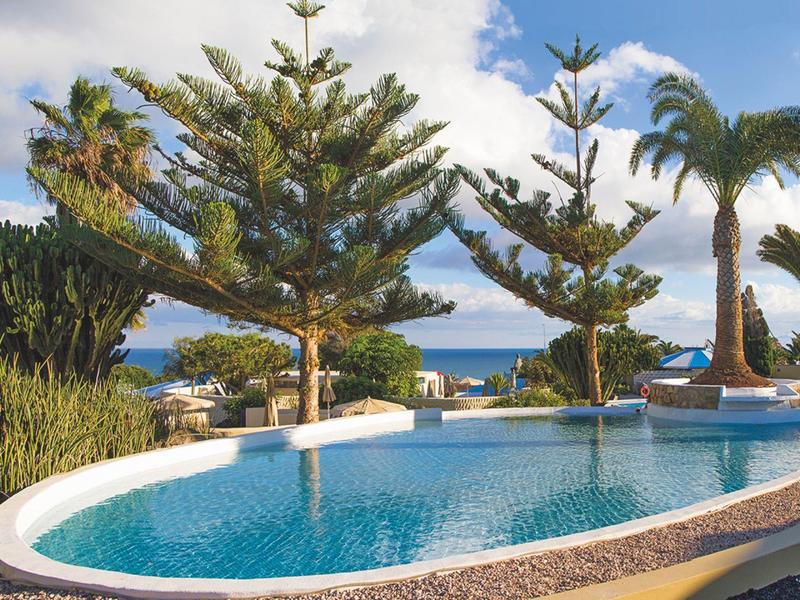Schwimmbecken mit Palmen und Meerblick unter blauem Himmel.