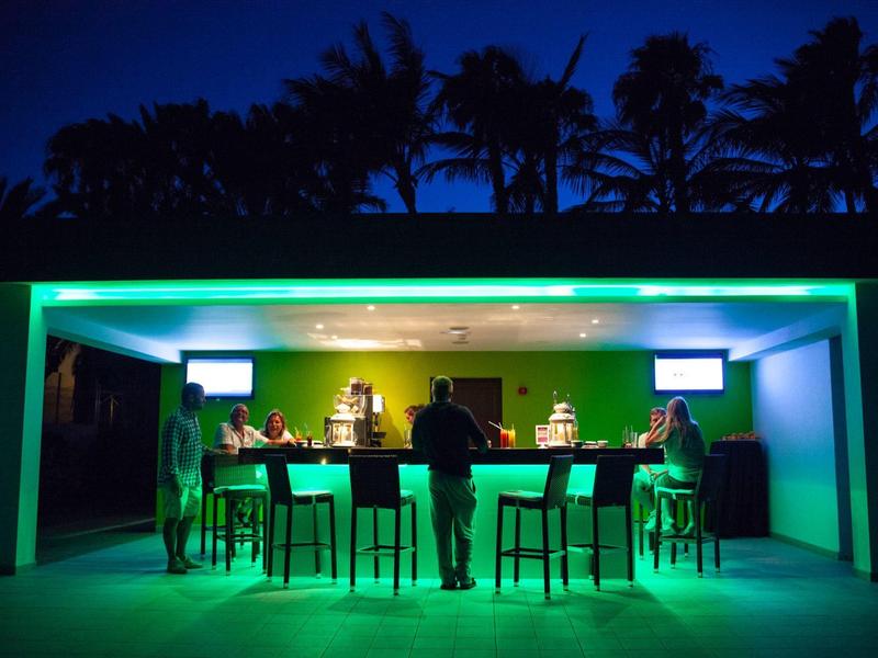 Buitenbar met groene verlichting en hoge barkrukken, omgeven door palmbomen in de nacht