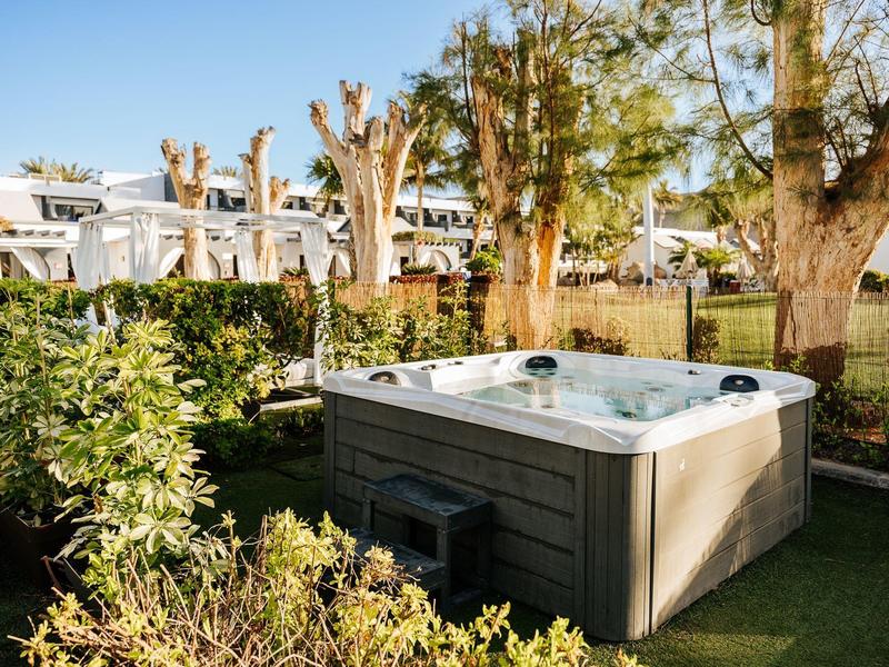 Een bubbelbad in een tuin omgeven door bomen en struiken op een zonnige dag.