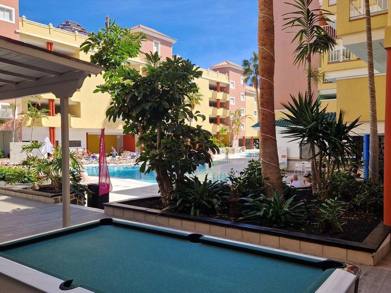 Innenhof mit Pflanzen, grünem Billardtisch und Swimmingpool, umgeben von gelben Gebäude-wänden.