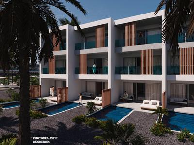 Moderne Reihenhäuser mit privaten Pools, weißen Fassaden und Holzakzenten, umgeben von Palmen.