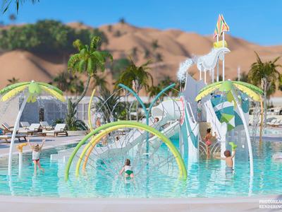 Kinder spielen in einem Wasserpark mit Wasserrutschen und Wasserfontänen im Hotelpool.