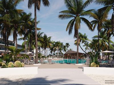 Blick auf einen tropischen Poolbereich mit Palmen und Liegestühlen im Resort.