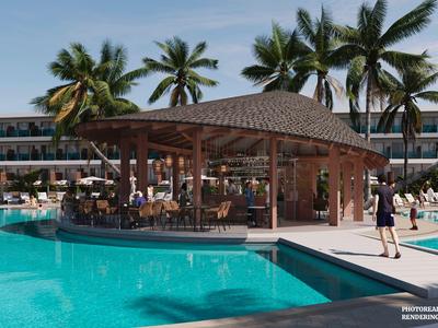 Poolbar mit überdachtem Sitzbereich, umgeben von Palmen und Liegestühlen vor einem Hotel.