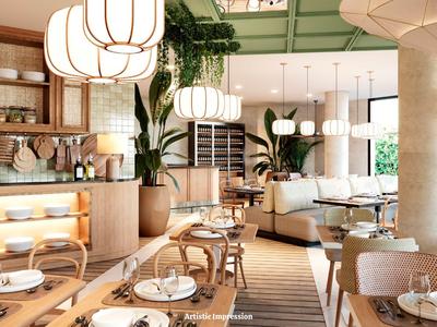 Helles, modernes Restaurant mit Holz- und Pflanzenakzenten und gemütlichen Sitzbereichen.