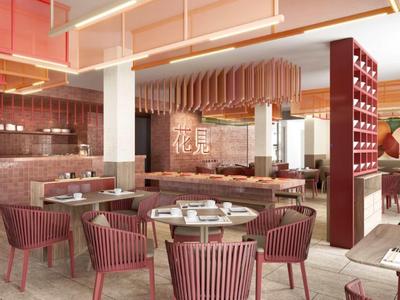 Modernes Restaurant mit beigen Wänden, roten Stühlen und runden Tischen in heller, freundlicher Atmosphäre.