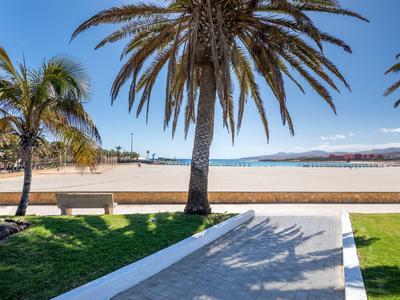 Strandpromenade mit Palmen, Bänken und Blick auf das Meer