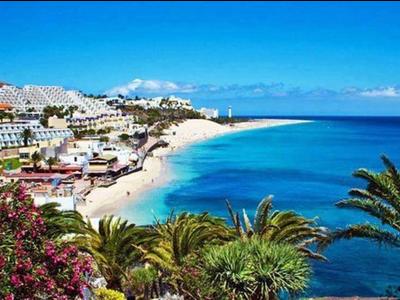 Coastal town with sandy beach, blue sea, palm trees, and hillside buildings under clear sky.