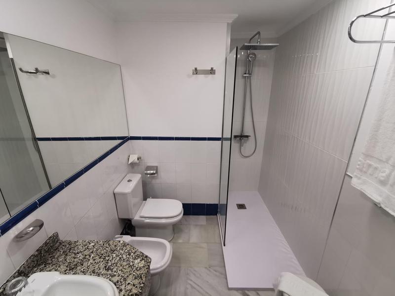 Minimalist bathroom with shower, toilet, bidet, and granite sink countertop in white and blue tones.