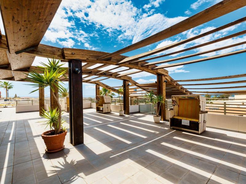 Terrazza sul tetto con pergolato in legno, piante e vista sul cielo blu.