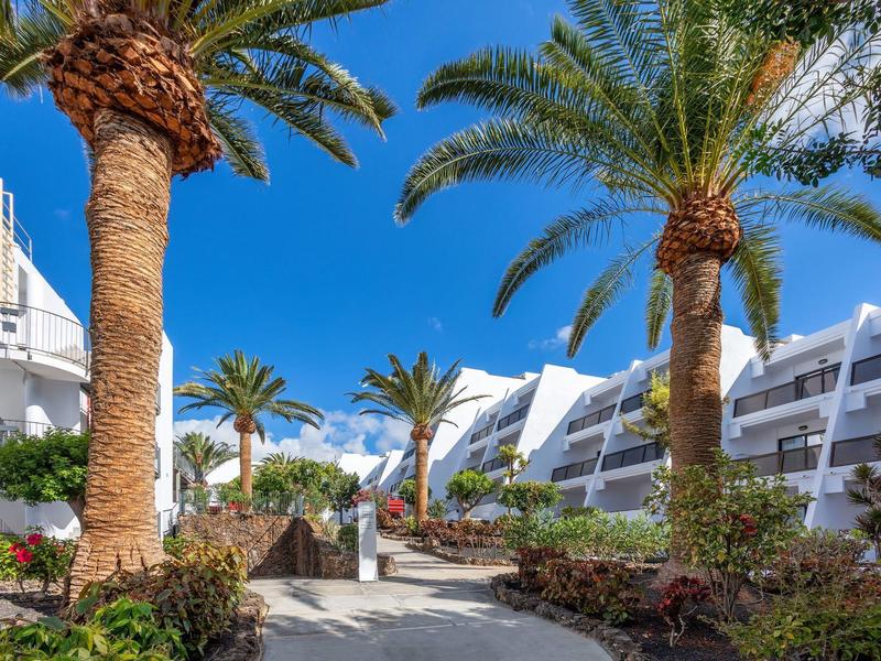 Viale in un hotel moderno con palme e cielo azzurro brillante.