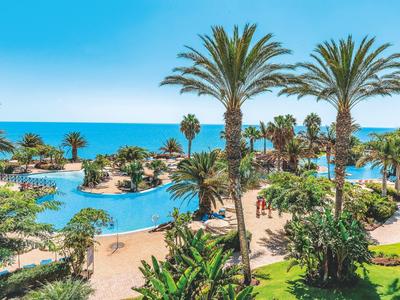 Blick auf blauen Pool mit Palmen und Meer im Hintergrund unter klarem Himmel.