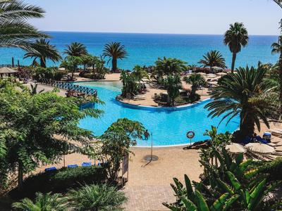 Großer Pool mit Palmen und Sonnenschirmen an einem klaren, blauen Meereshorizont.