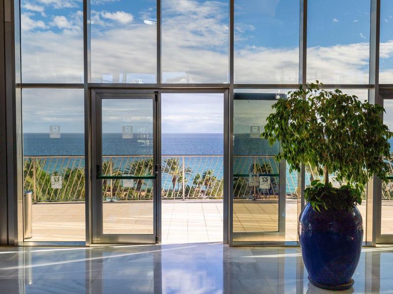 Vista attraverso grandi finestre su terrazza con vista mare e pianta in vaso all'interno.