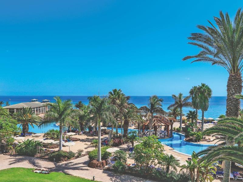 Vista di una piscina tropicale dell'hotel con palme e mare sullo sfondo
