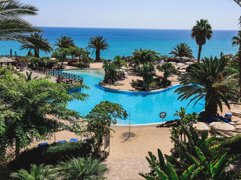 Piscina dell'hotel con palme e vista sul mare azzurro sotto un cielo limpido