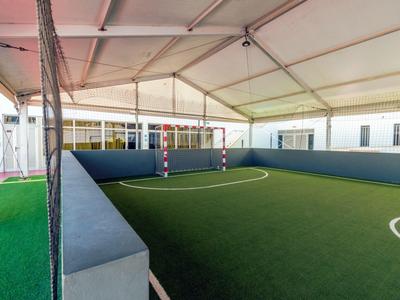 Überdachter Fußballplatz mit grünem Kunstrasen, Toren und weißen Spielfeldlinien.