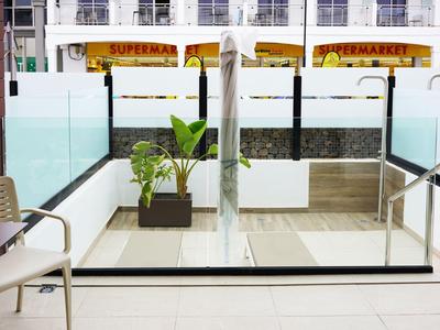 Modern balcony with glass partition, two plants, and view of supermarket.