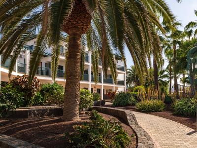 Sentier courbé bordé de palmiers et bâtiment hôtelier au soleil.