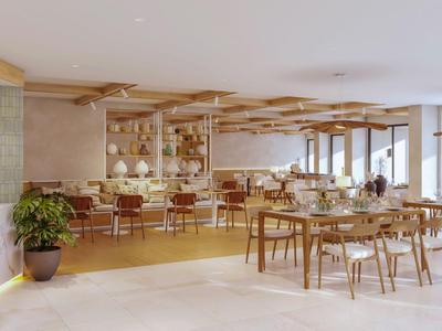 Jasna, nowoczesna jadalnia z drewnianymi meblami, dużymi oknami i roślinami