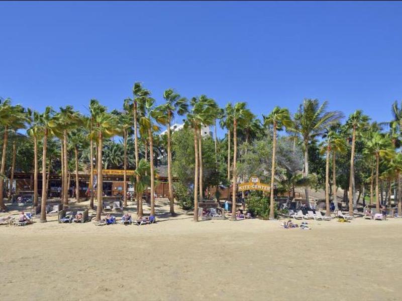 Una playa con una fila de palmeras, tumbonas y personas frente a un hotel.