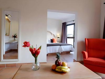 Bright room with a red armchair, vase with flowers, and view of the bed in the adjoining room.
