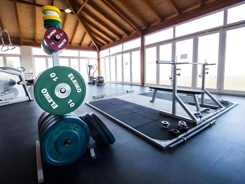 Gym with weight plates, exercise mats, and equipment under wooden roof and large windows.