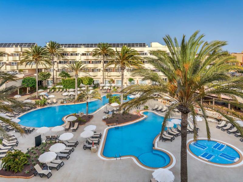 Outdoor hotel pool area with palm trees, sun loungers, and a backdrop of modern building.