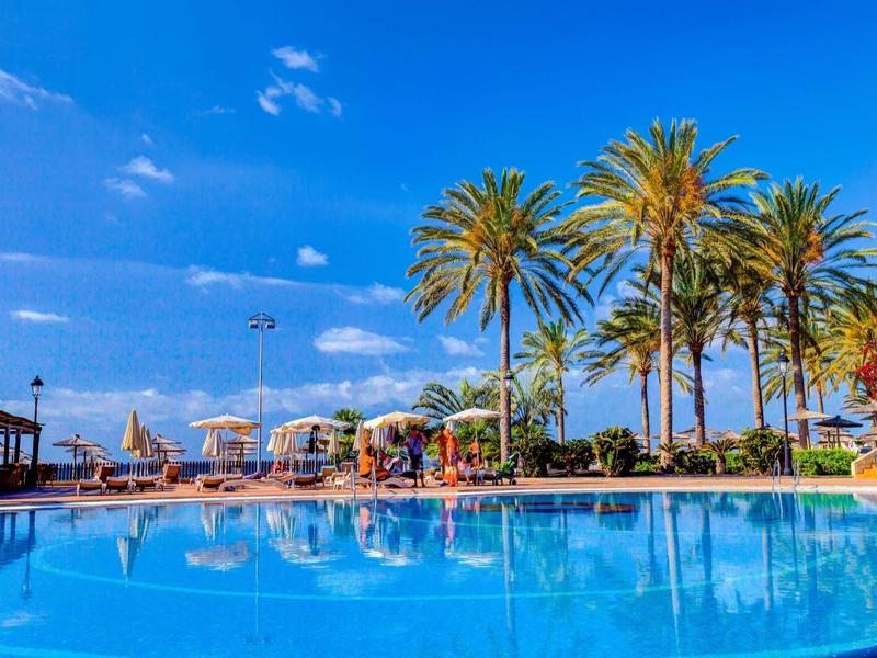 Piscina a sfioro con palme sotto un cielo azzurro limpido in un resort di lusso.