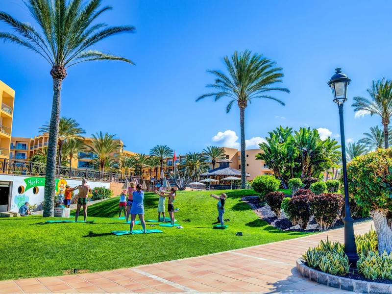 Aree verdi dell'hotel con palme, sentiero e ospiti con tempo soleggiato