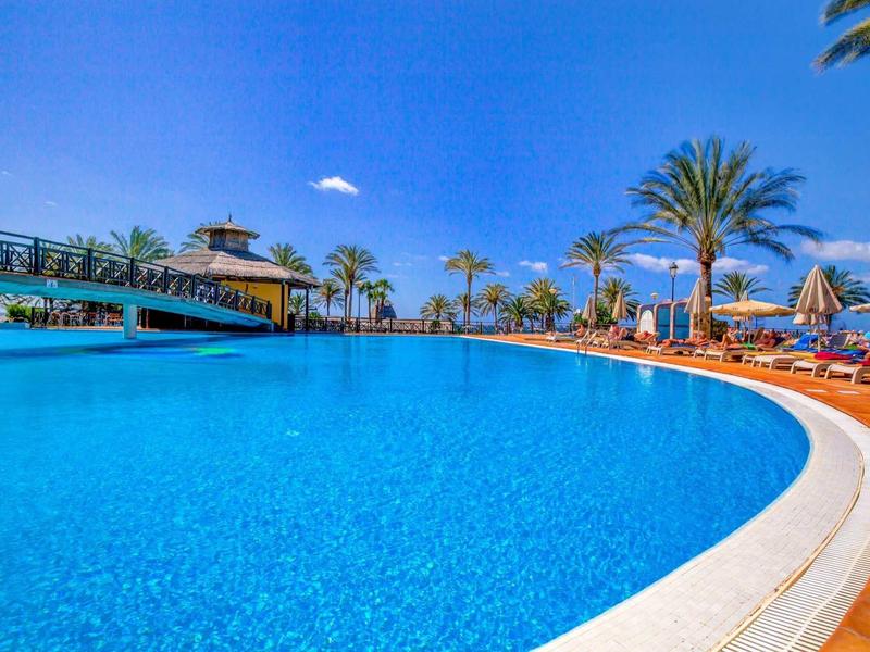 Grande piscina con acqua azzurra e limpida, circondata da palme e lettini sotto un cielo blu.