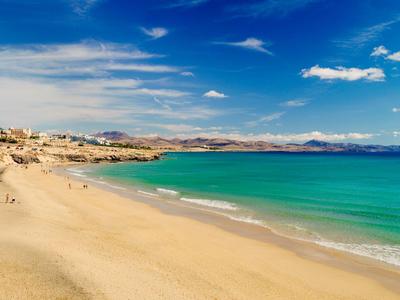 Expansive sandy beach with turquoise water and clear sky, ideal for vacation.