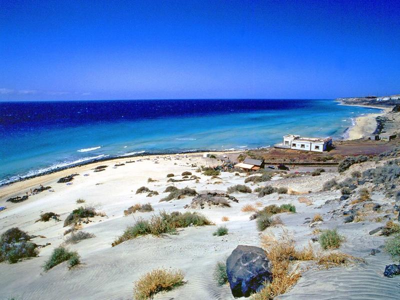 Littoral aride avec plage sablonneuse, végétation clairsemée et petit bâtiment blanc au bord de la mer.