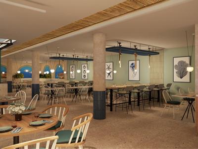 Spacious hotel restaurant with modern decor, wooden tables, and hanging pendant lights.