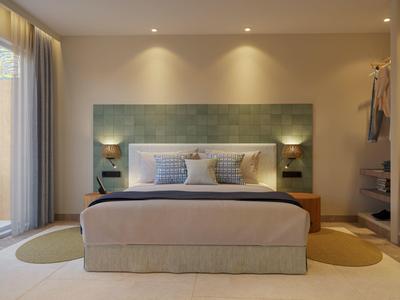 Modern hotel room with a large bed, soft lighting, and a spacious sliding door to the balcony.